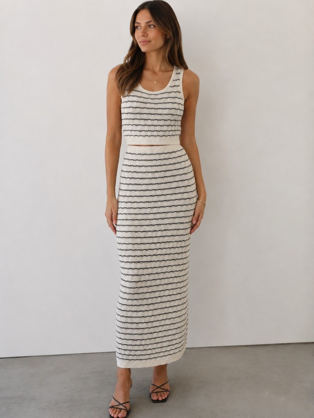 Cream And Black Knit Tank & Skirt Set